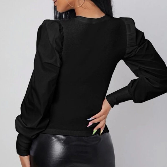 fall mock neck ribbed long sleeve top solid black - Picture 2 of 4
